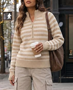 Fisoew Sweaters for Women Half Zip Striped Pullover Ribbed Knit Tops | Amazon (US)