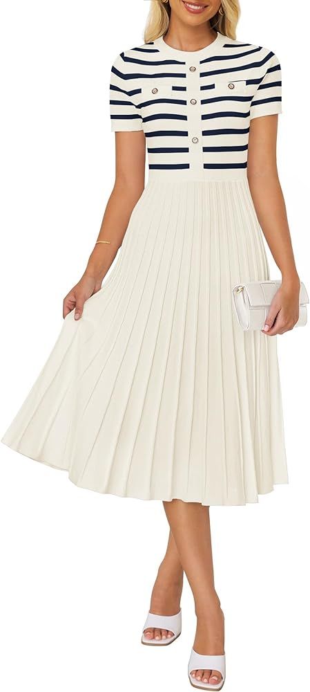 ZESICA Women's Casual Striped Midi Dress Crewneck Short Sleeve Button Ribbed Knit Swing Pleated A... | Amazon (US)