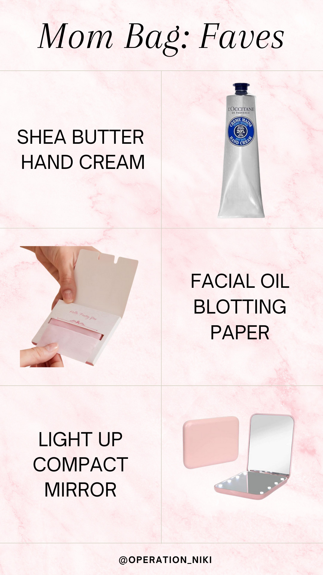 My faves in my mom bag: hand lotion to keep my skin soft, facial oil blotting paper for a fresh face, and a light-up compact for quick touch-ups anytime. Gotta stay ready for whatever the day throws at me! 💖👜Follow for more @OPERATION_NIKI on IG, TikTok, & Facebook sahm, amazon finds, home essentials, beauty closet, mom bag, organized home, mom purse, cleaning must haves, cleaning tips, organization, travel bag, bedroom clean, cleaning, organization, cleaning tools, house clean, odors, house spray, winter beauty, self care, vacation, mom bag, whats in my purse, travel, resort 

 #LTKMostLoved #LTKBeauty #LTKTravel