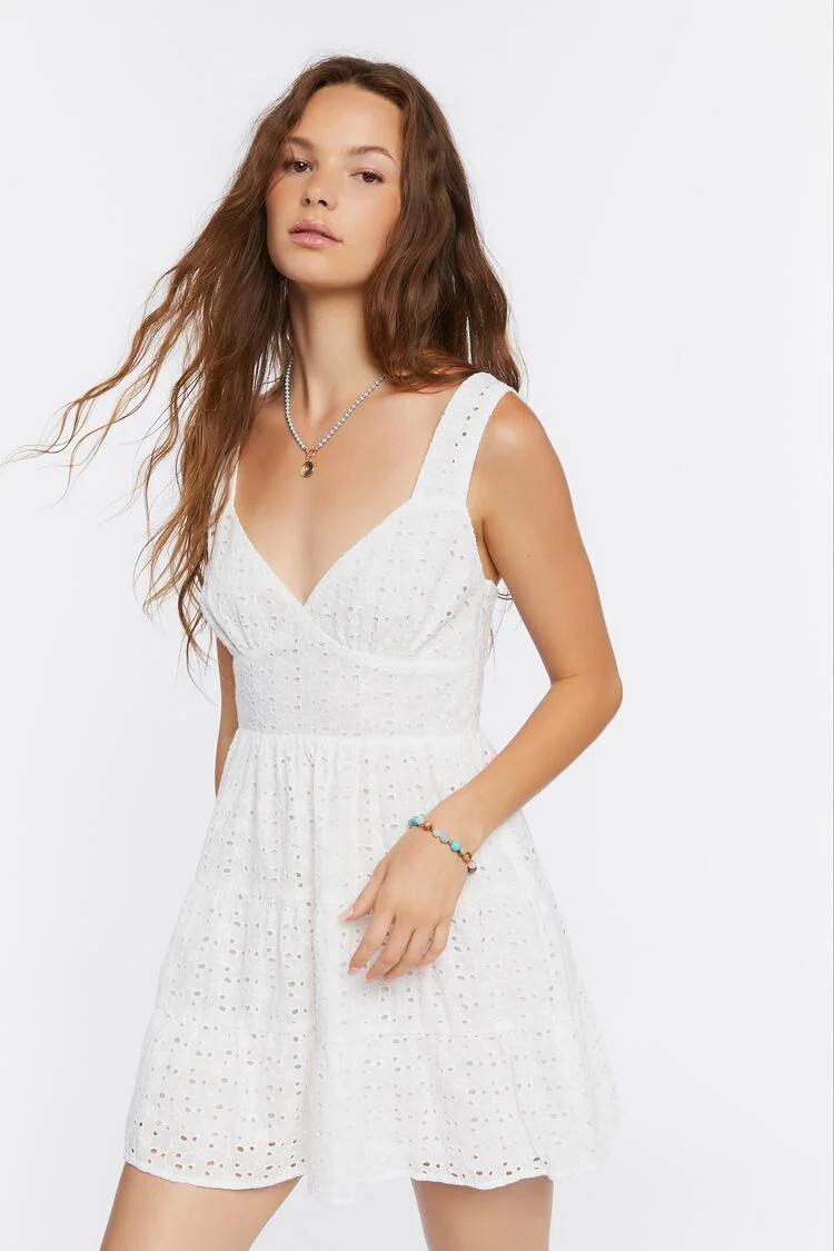 Women's Floral Eyelet Mini Dress in White Small | Forever 21 (US)