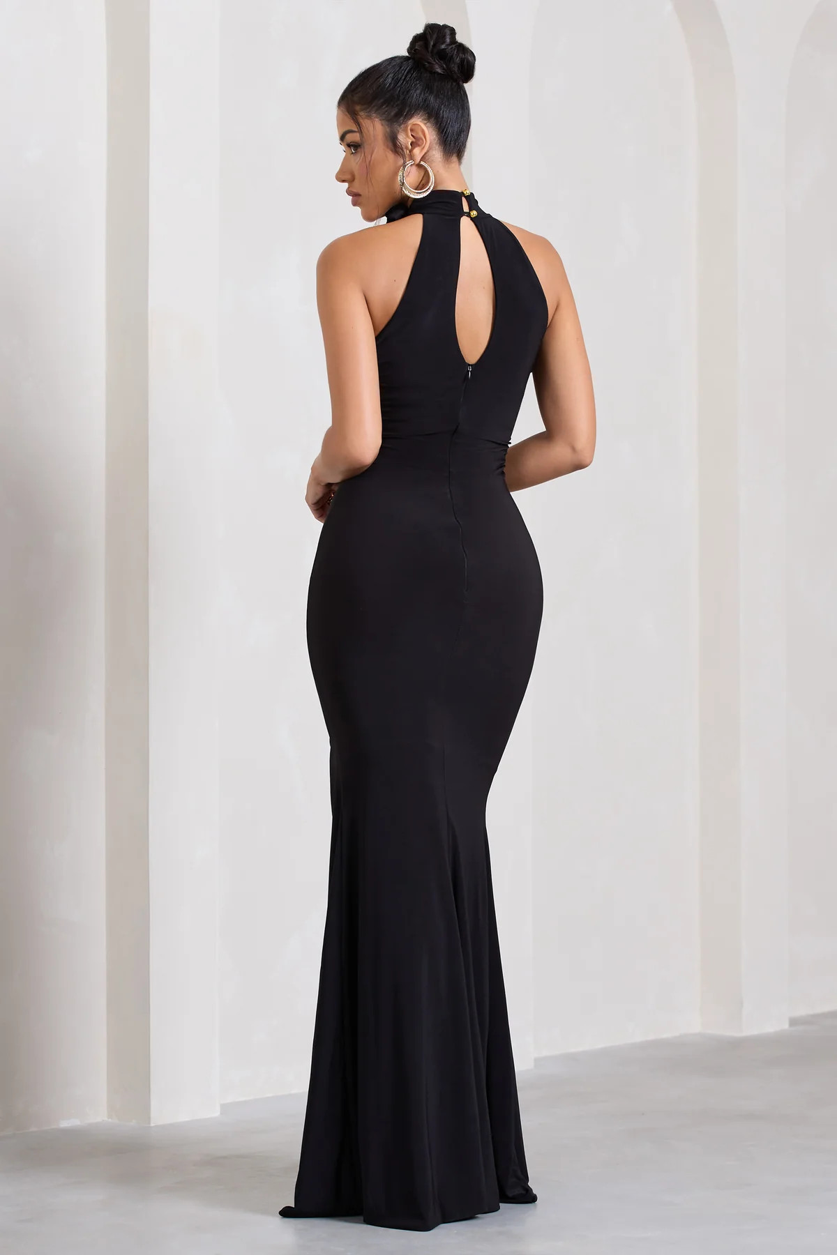 Wanderer | Black Ruched Halter-Neck Split Maxi Dress With Flower | Club L London