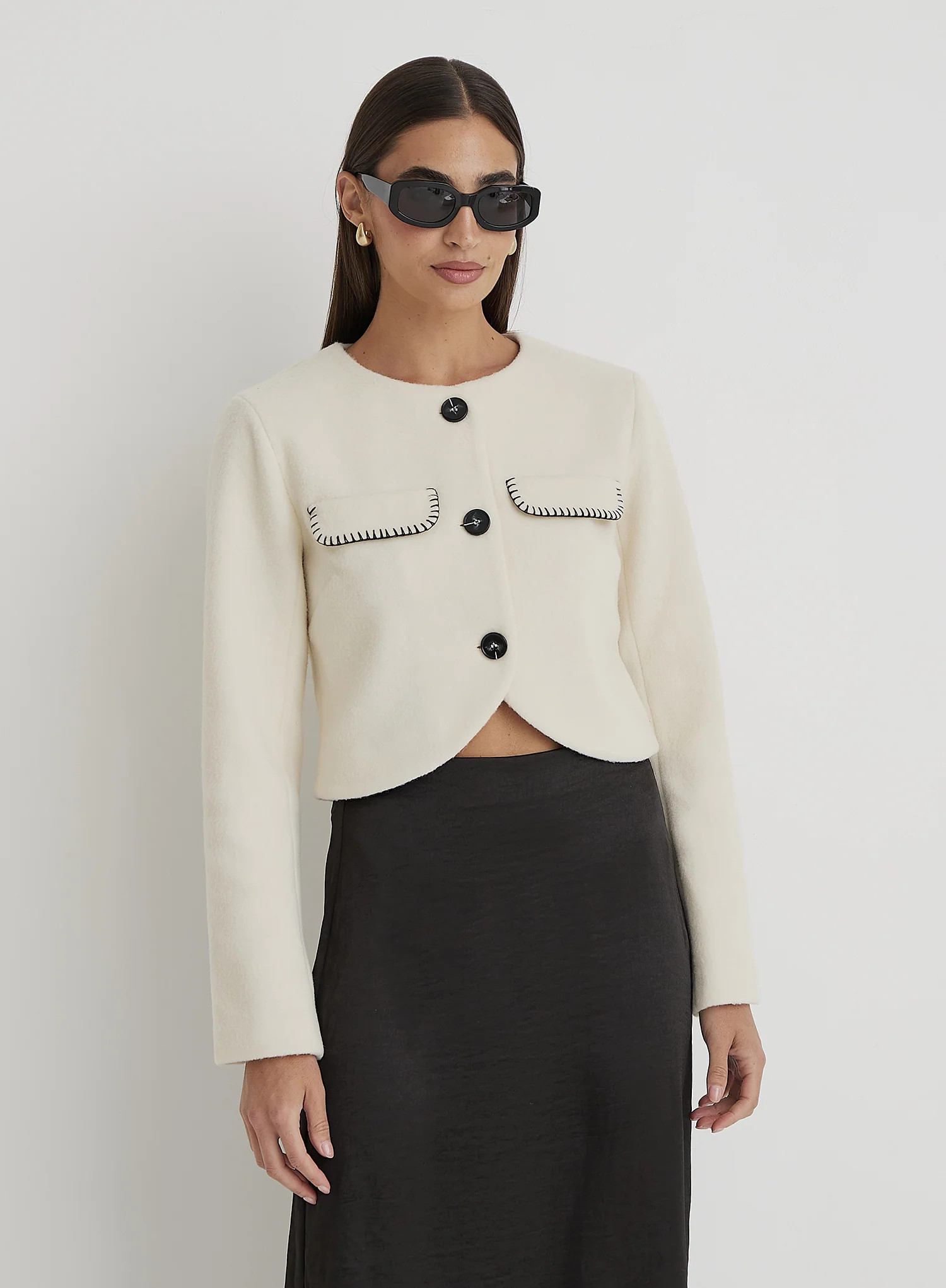 Cream Wool Contrast Pocket Cropped Jacket- Mable | 4th & Reckless