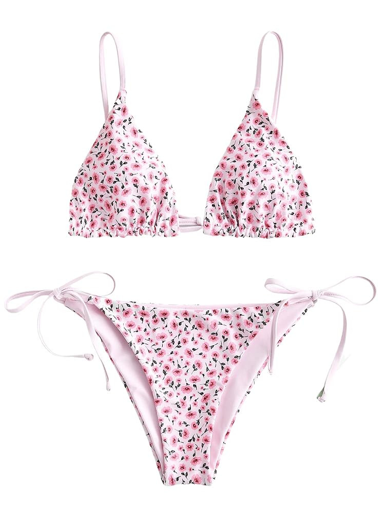 ZAFUL Women's Triangle Bikini Floral String Bikini Set Two Piece Swimsuit Bathing Suits | Amazon (US)