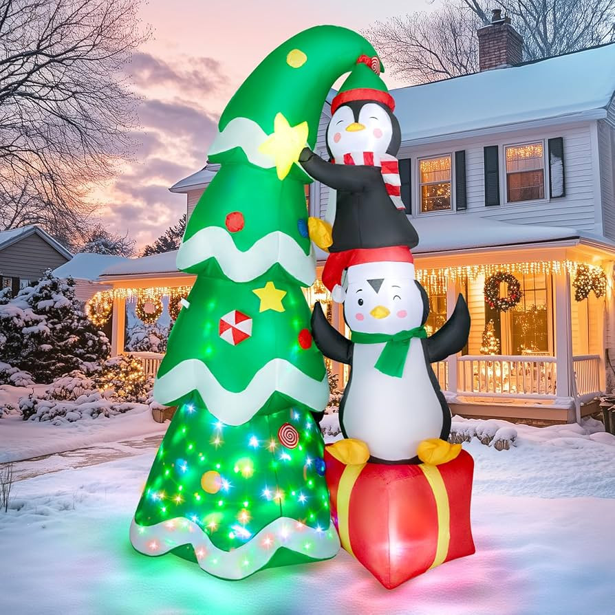 7FT Inflatable Christmas Tree Outdoor Decorations, Blow up Christmas Tree with Penguins & Gift Bo... | Amazon (US)