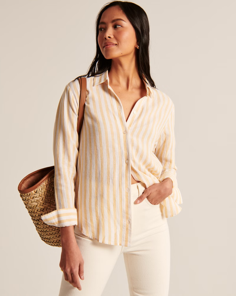 Linen-Blend Boyfriend Button-Up Shirt | Abercrombie & Fitch (US)