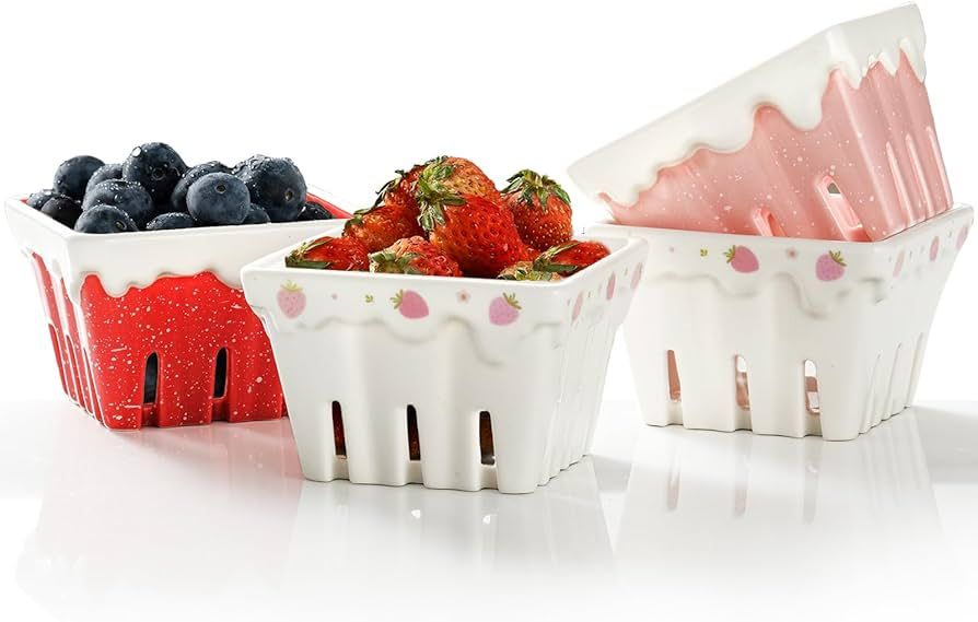 getstar Ceramic Fruit Bowl, Berry Basket, Colander Set of 4, Cute Bowls, Strawberry Kitchen Decor | Amazon (US)