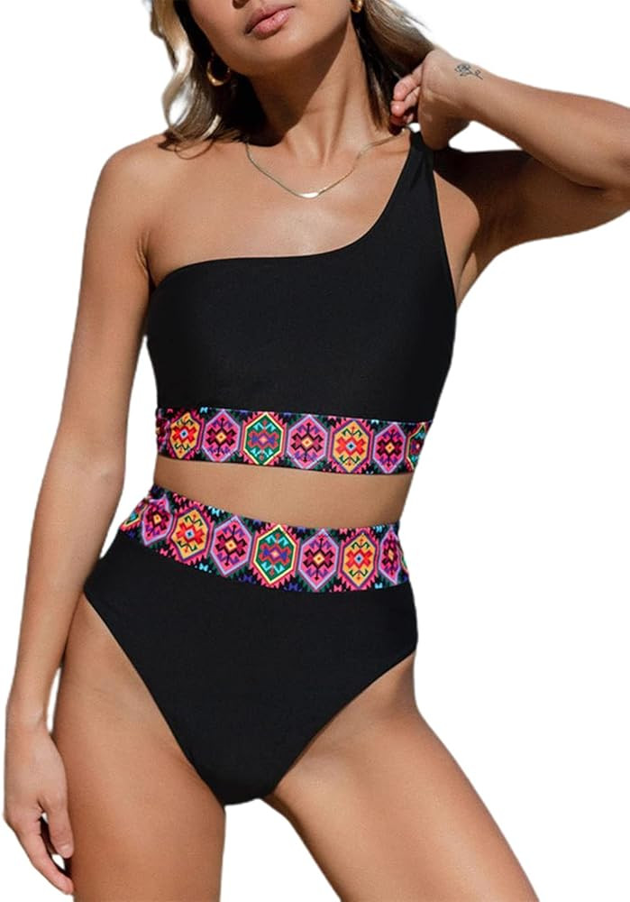 Hilinker Women's Boho One Shoulder 2 Piece Swimsuit Patchwork High Waisted Bikini Set | Amazon (US)