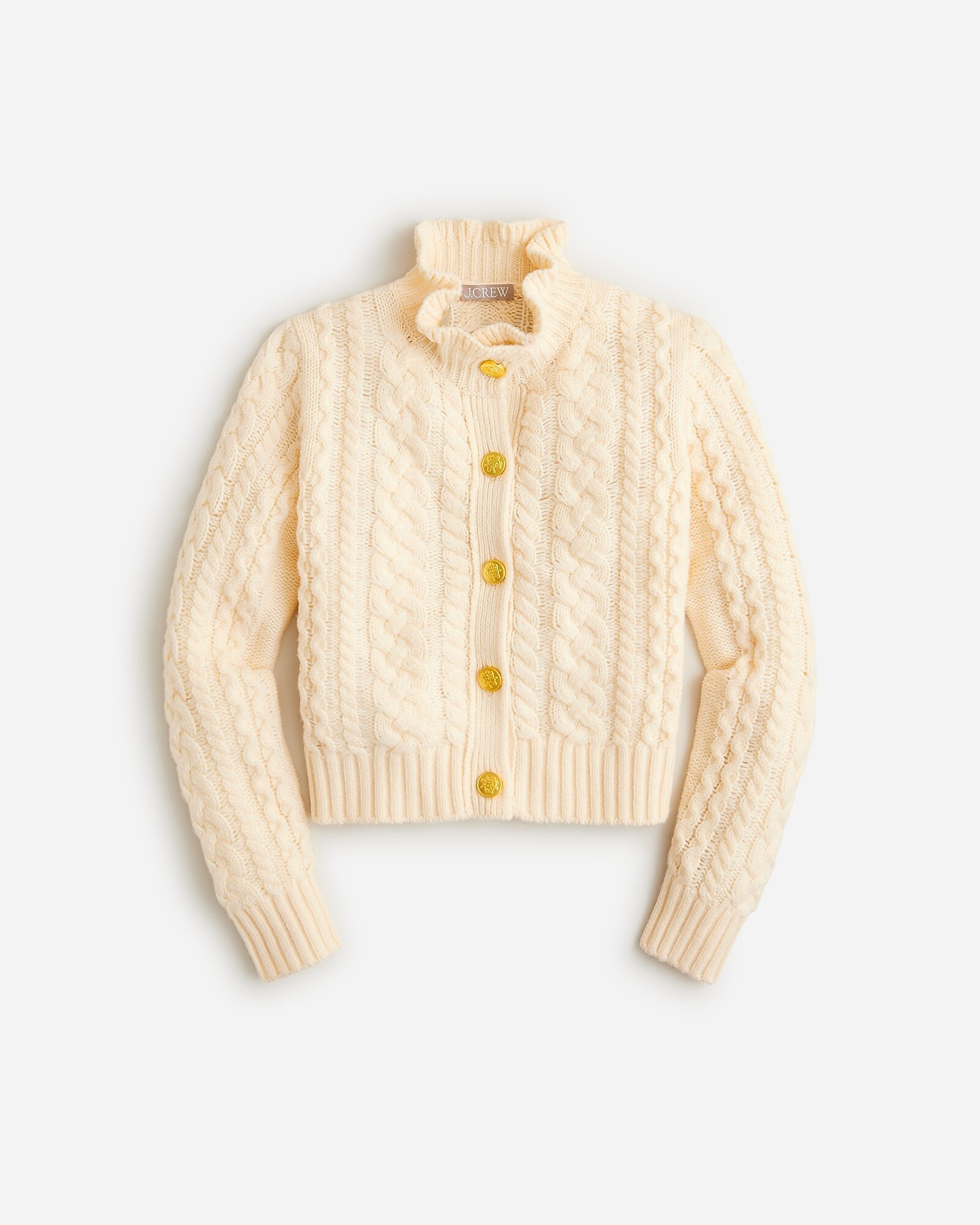 Cable-knit ruffleneck cardigan sweater | J. Crew US