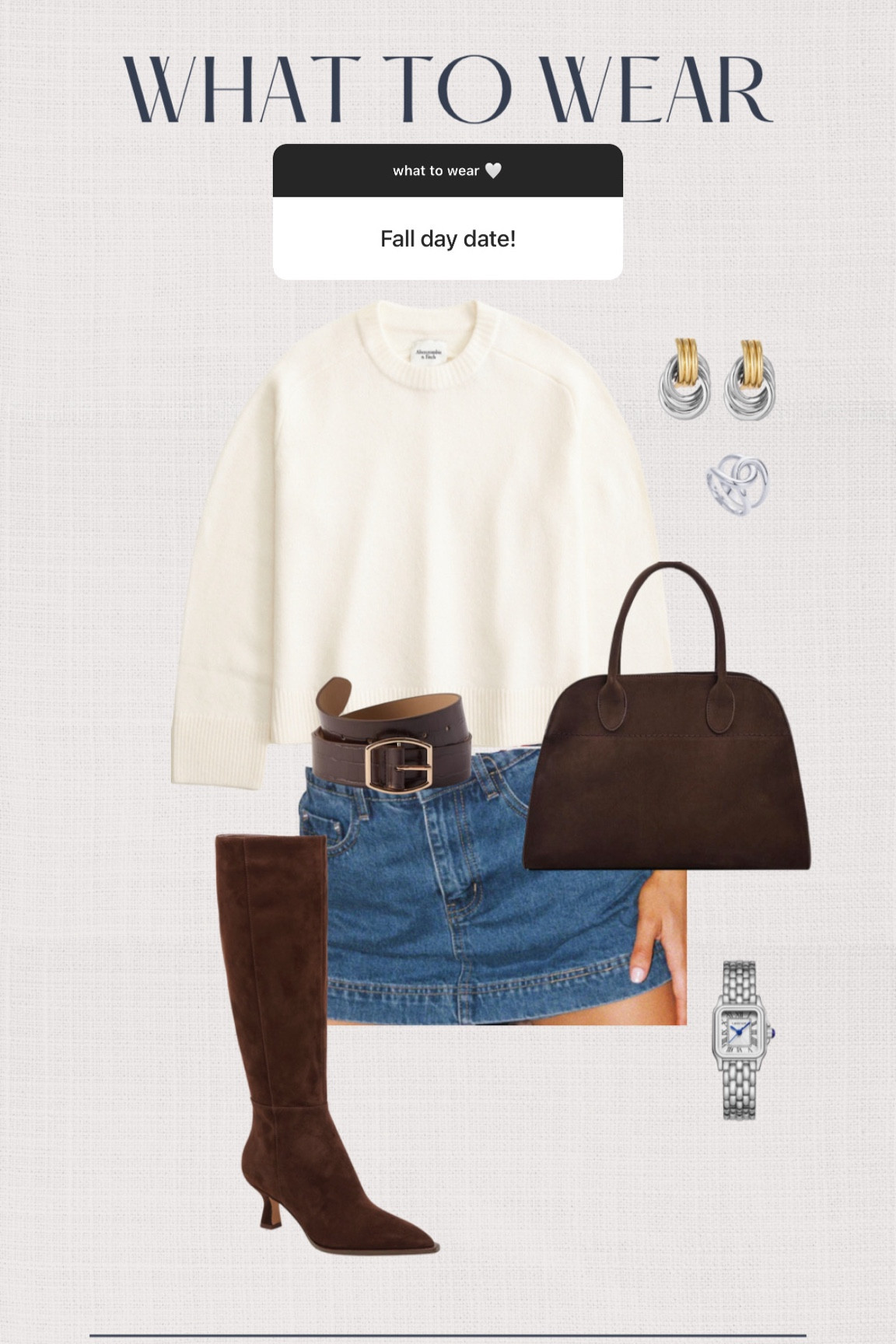 Fall day date outfit idea 🤎

Cream sweater, denim skort, suede knee high boots 

#LTKSeasonal #LTKFallSale #LTKStyleTip