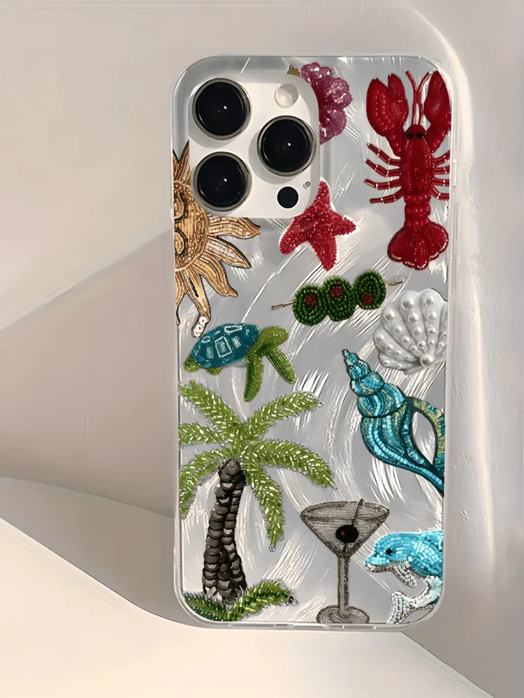 Minimalist TPU Marine Elements Shockproof 1pc Feather & Pearl Embroidered Palm Tree & Lobster Phone Case, Compatible With Apple 17, 16, 15, 14, 13, 12, 11 Pro Max, Air, And Series, International Version, Not The Domestic Version Spring | SHEIN
