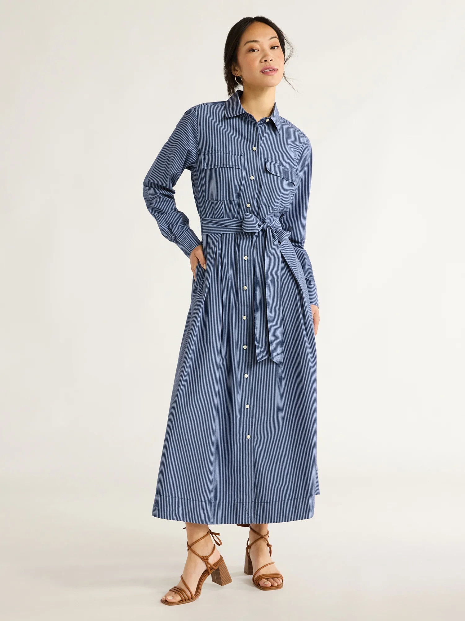 Free Assembly Women’s Cotton Maxi Shirtdress with Long Sleeves, Sizes XS-XXL | Walmart (US)