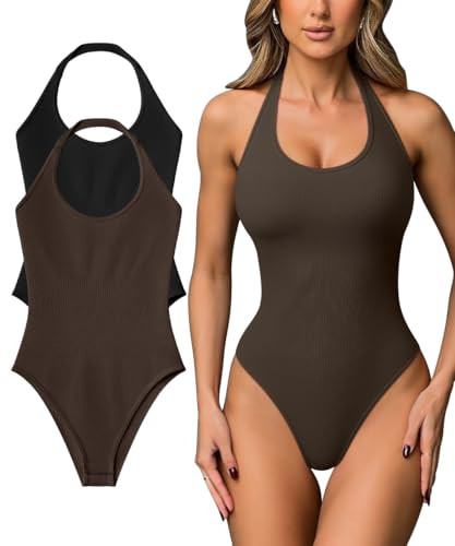 OQQ Women Halter Neck Bodysuits 2 Pack Sleeveless Shapewear One Piece Leotard Shirt Going Out Top... | Amazon (US)