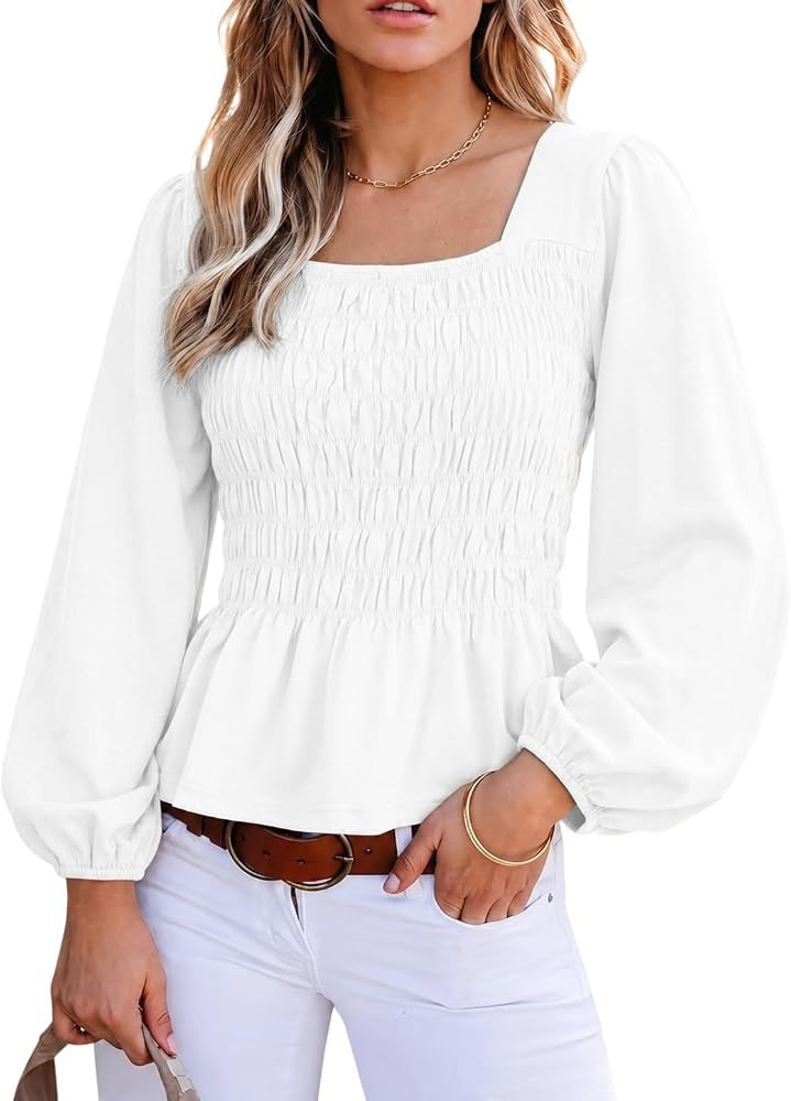 Watashi Women Square Neck Smocked Long Sleeve Peplum Top | Amazon (US)