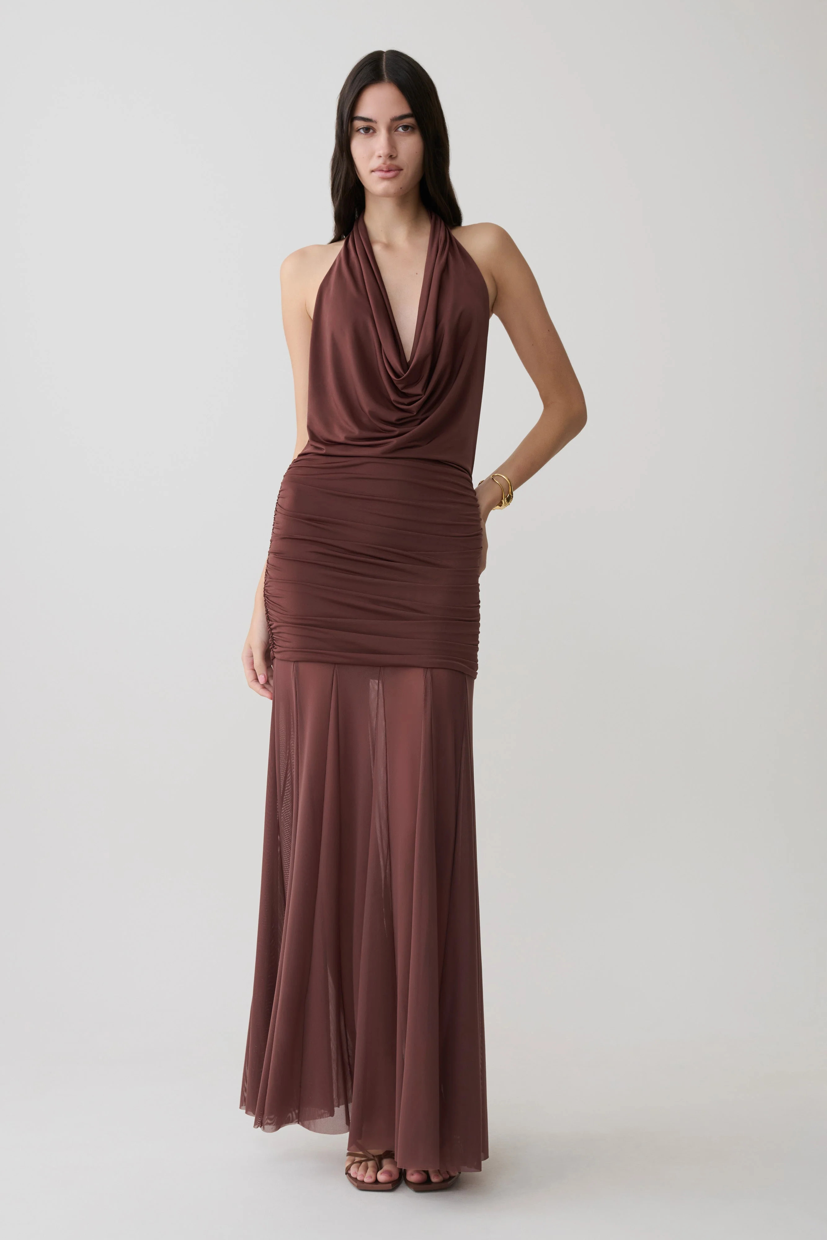 Jorja Draped Halter Slinky Maxi Dress / Chocolate | MESHKI | L | MESHKI US