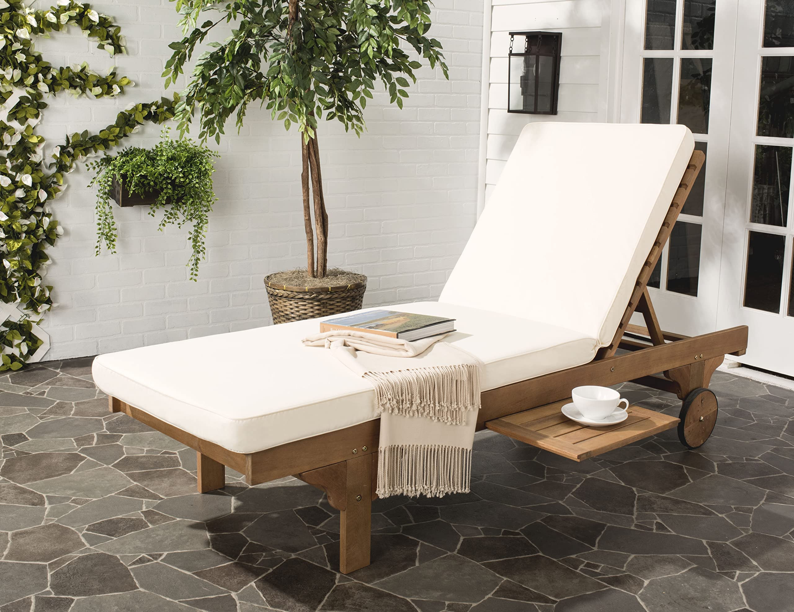 SAFAVIEH Outdoor Collection Newport Natural/ Beige Cushion Built-in Side Table Adjustable Chaise ... | Amazon (US)