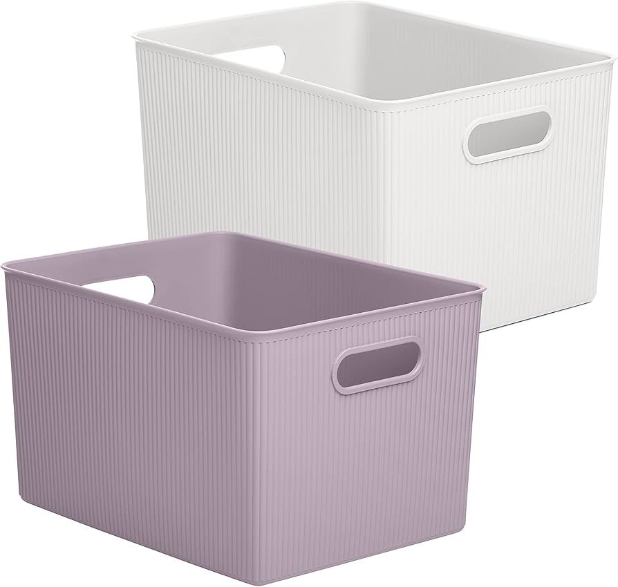 Superio Ribbed Collection - Decorative Plastic Open Home Storage Bins Organizer Baskets, White & ... | Amazon (US)