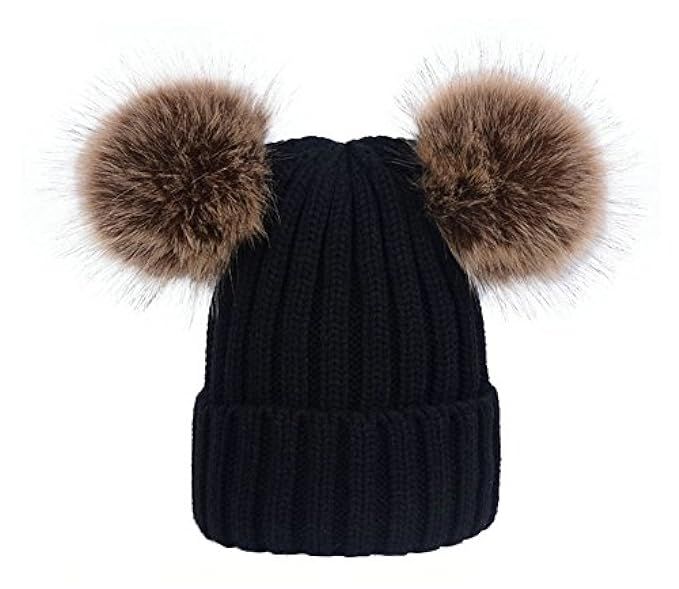wanture Women's Winter Knit Beanie Hat, Girls Knitted Fur Hat with Double Faux Fur Pom Pom Ears | Amazon (US)
