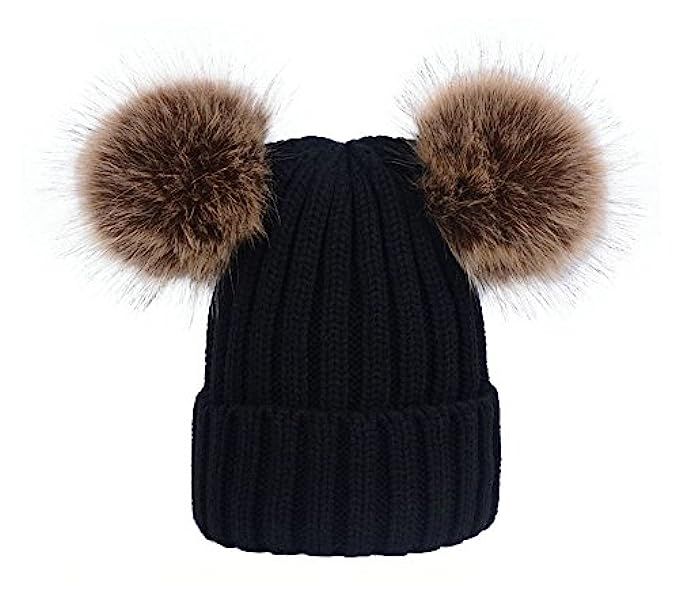 wanture Women's Winter Knit Beanie Hat, Girls Knitted Fur Hat with Double Faux Fur Pom Pom Ears | Amazon (US)