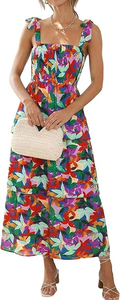 oten Womens Summer Floral Maxi Dress Smocked Tiered Boho Adjustable Strap Long Flowy Vacation Bea... | Amazon (US)