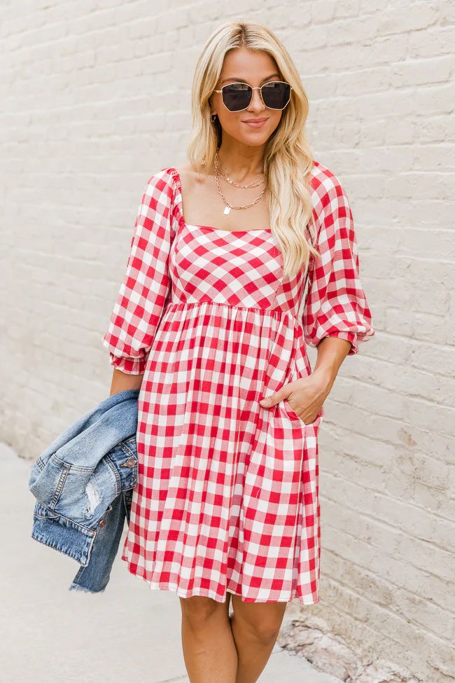 Quiet Saturday Red Square Neck Gingham Dress | The Pink Lily Boutique