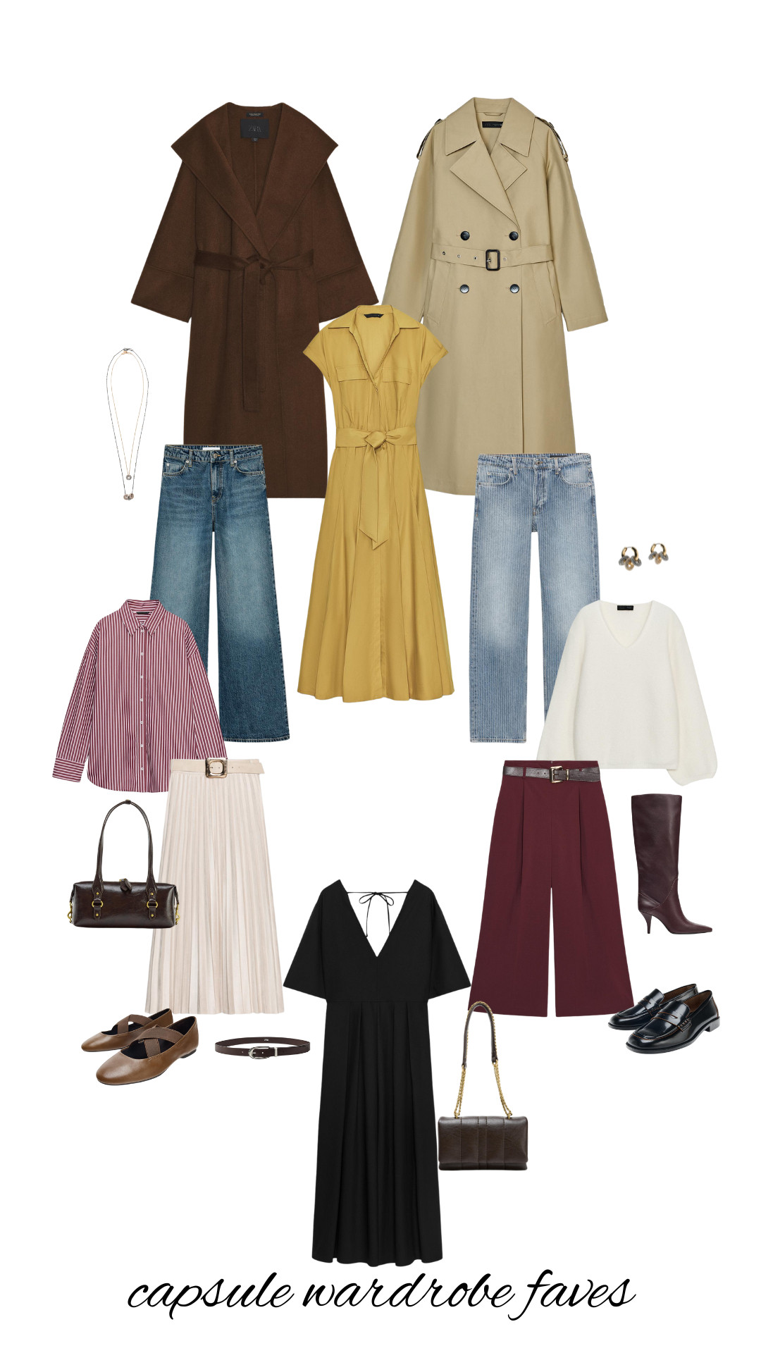 Zara, New In, Autumn Outfits, Outfit Ideas, Maxi Dress, Burgundy, Trousers, Boots, Loafers, Bag, Brown, Ballet Flats, Belt, Striped Shirt, Blue Jeans, Trench Coat, Necklace, Earrings, Jumper 

 #LTKuk #LTKautumn #LTKstyletip