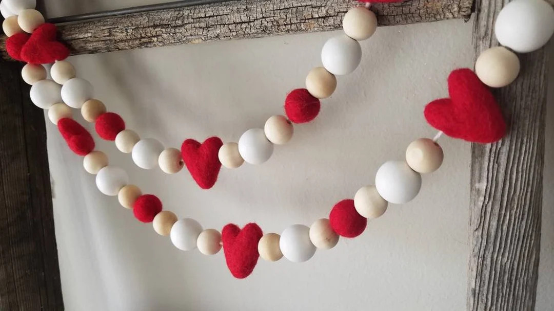 Valentine Garland. Red Heart Garland. Felt Ball Garland. Heart Garland. Valentine Decoration. Woo... | Etsy (US)