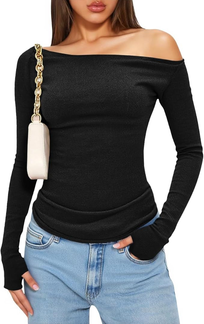 Yousify Womens Ribbed Off The Shoulder Tops Long Sleeve Going Out Tops Cute Slim Fit Shirts with ... | Amazon (US)