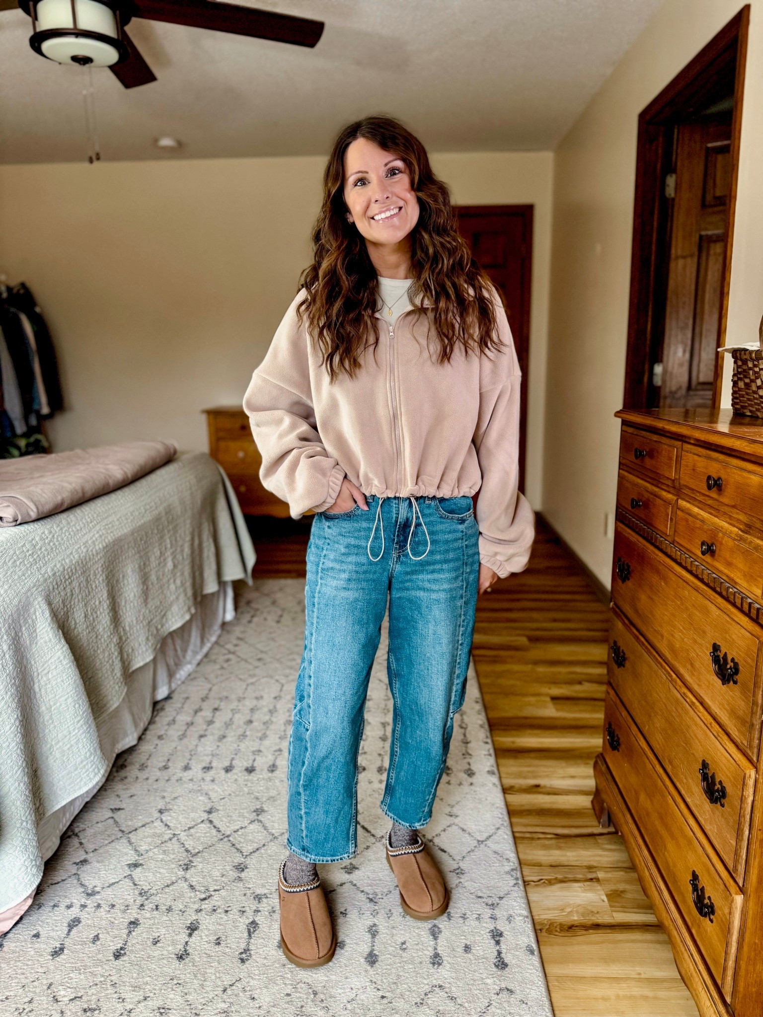 Wearing small in my tee, small in my fleece jacket, and 0 petite in my barrel jeans. My uggs are size 6 and fit true to size (also linked more affordable options). 

#LTKFindsUnder50 #LTKPetite #LTKgrwm