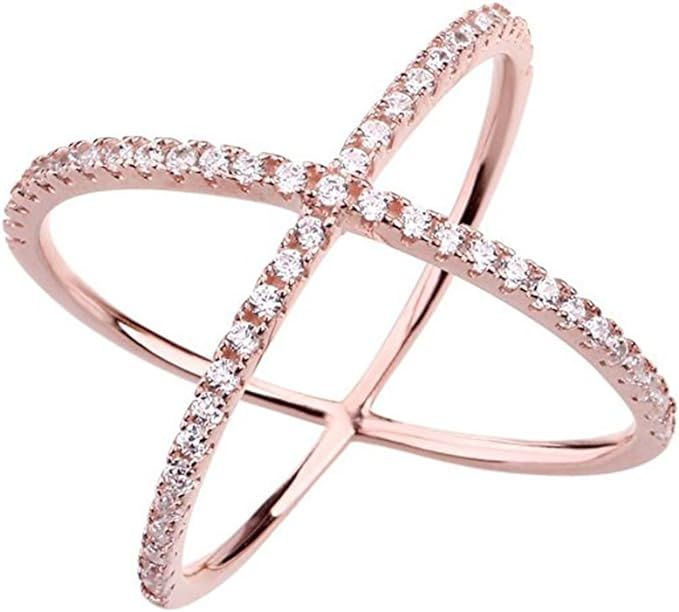Womens Criss Cross Ring X Ring Micropave CZ Inlay 14K Rose Gold Plating Size 6 7 8 9 | Amazon (US)
