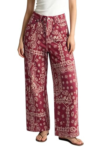 ebossy Women's Floral Print Denim Pants Boho Y2k Aesthetic Wide Leg High Rise Boyfriend Baggy Jea... | Amazon (US)