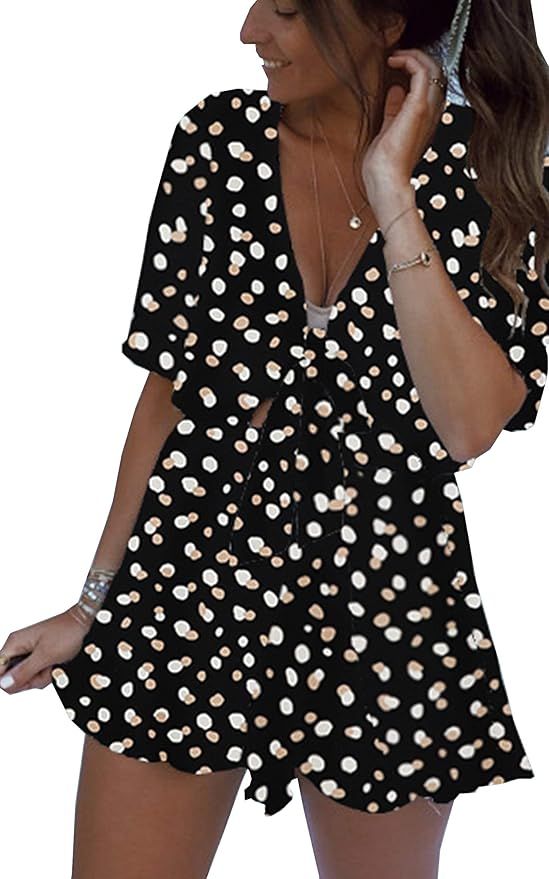 CinShein Womens Dresses Jumpsuit Polka Dot V Neck Short Sleeve Self Tie Front Layer Ruffle Hem Ro... | Amazon (US)
