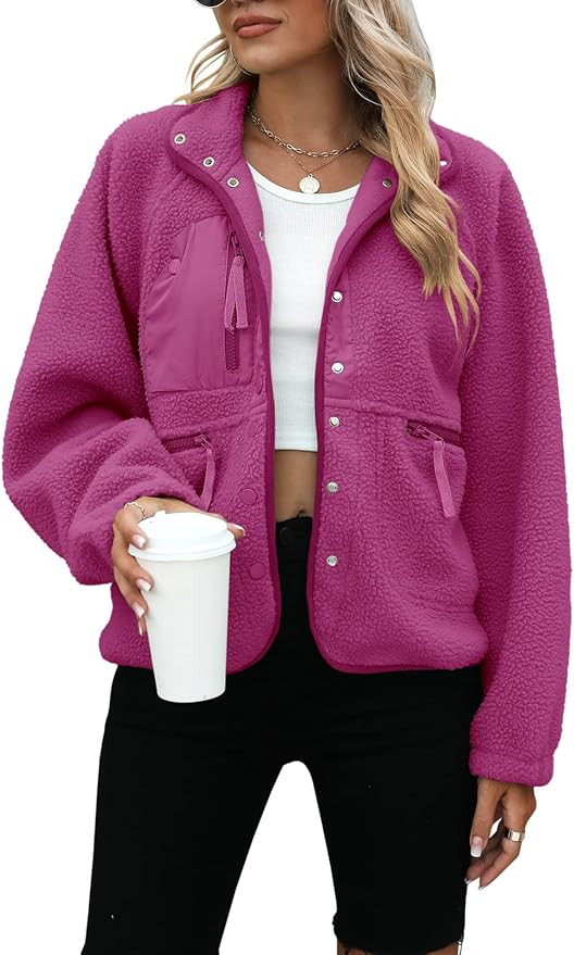 Yanekop Womens Fleece Jacket Fuzzy Long Sleeve Short Coats Button Down Sherpa Outerwear with Pock... | Amazon (US)