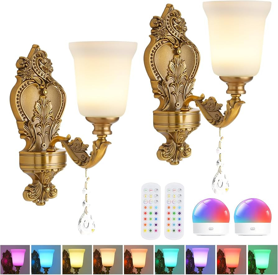 Battery Operated Wall Sconce Set of 2, RGB Dimmable Rechargeable Wall Light with Glass Shade, 48h... | Amazon (US)