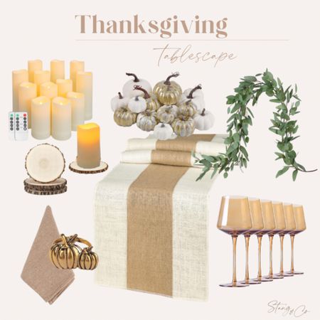This Thanksgiving tablescape inspiration includes a neutral table runner with gold and white pumpkins, eucalyptus gamelans, LED candles on wood disks, burlap napkins with pumpkin napkin rings, and amber colored wine glasses. 

Thanksgiving decor, thanksgiving table, fall decor

#LTKhome #LTKSeasonal #LTKstyletip