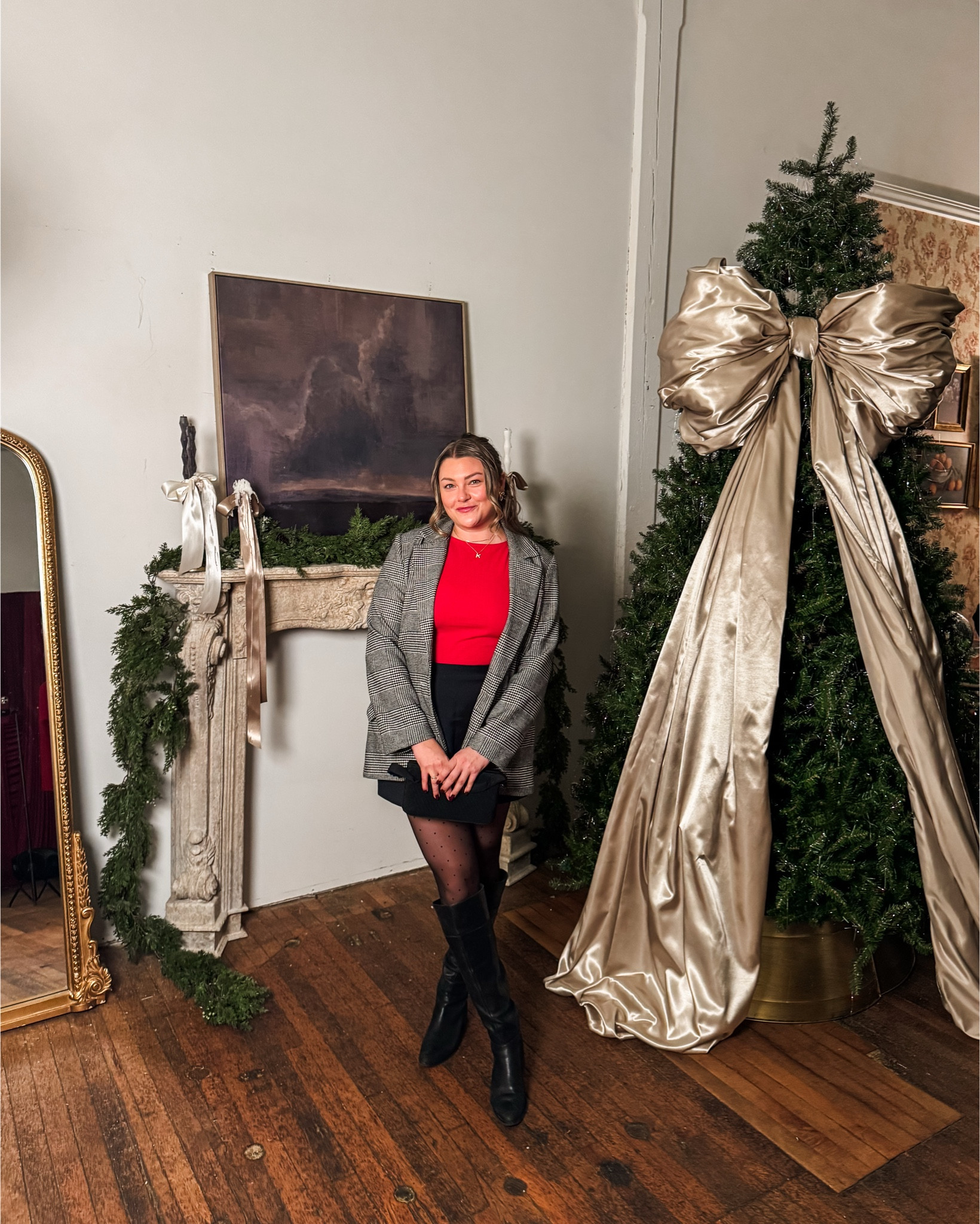 i really pulled this holiday outfit look together really quick and i’m pretty proud of it. it’s festive without going too over the top. i love the pop of red and texture in the blazer and tights. the bow earrings and clip matching! here’s some inspo for a christmas party or christmas eve / christmas day. 

#LTKSeasonal #LTKHoliday #LTKMidsize