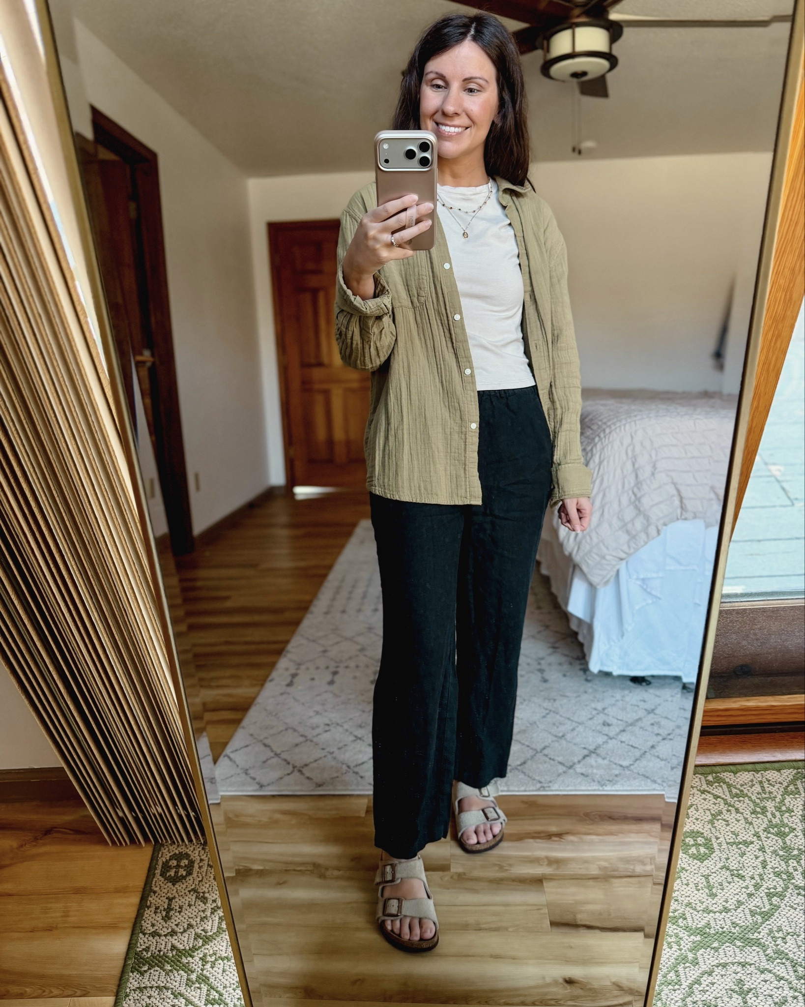 Small in my tee, small in my gauze button up (my green is sold out—other colors available. I also linked a really similarly colored one from old navy). Xs in my linen pants (I own in 4 colors-they’re petite friendly🙌🏽).  My birk sandals are size 6!

#LTKootd #LTKgrwm #LTKPetite