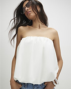 White Sleeveless Bandeau Bubble Hem Top | River Island UK & IE