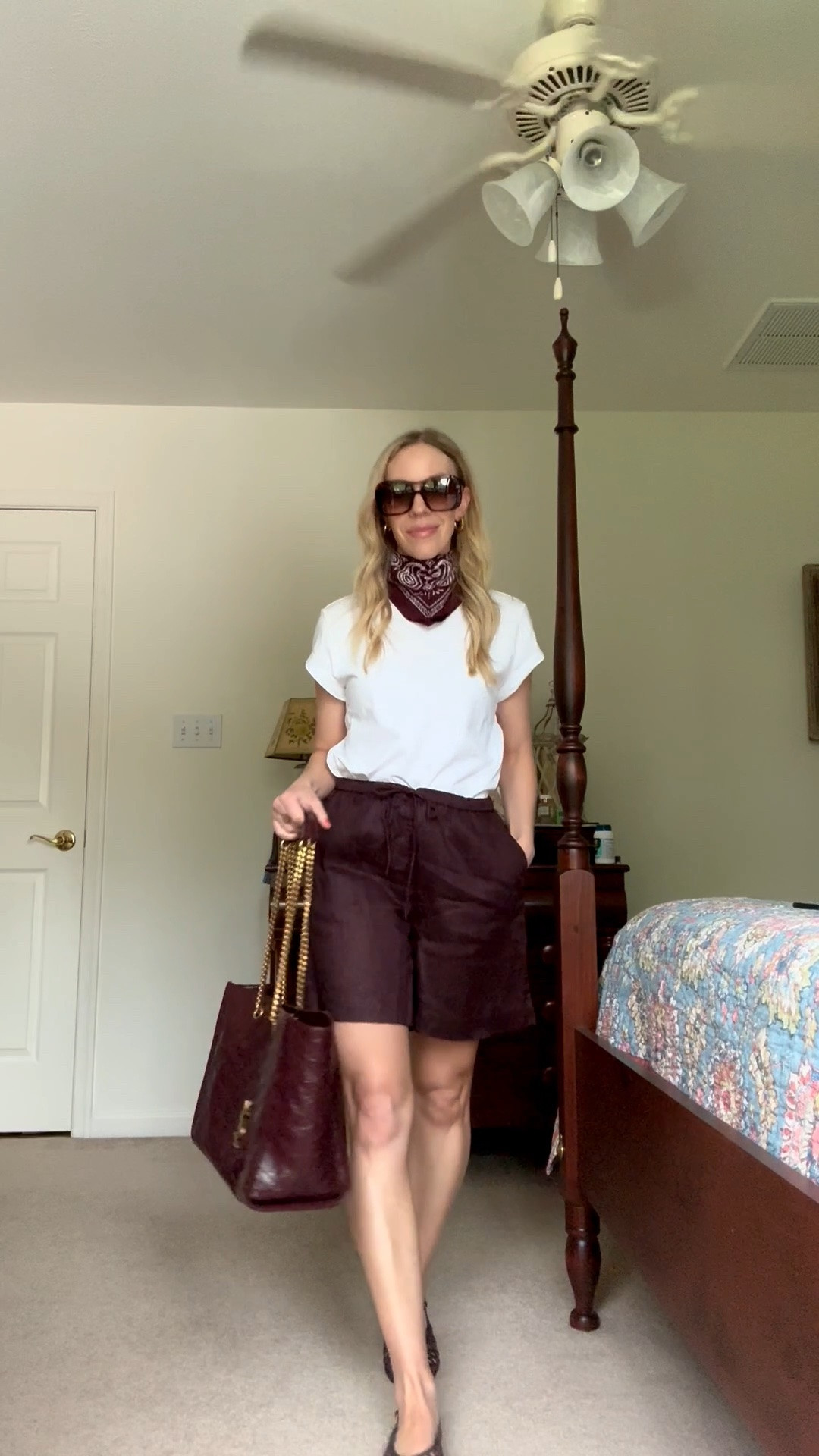 Summer outfit over 40, casual summer outfit with white tee, linen shorts and bandana print scarf

#LTKSeasonal #LTKOver40 #LTKSaleAlert