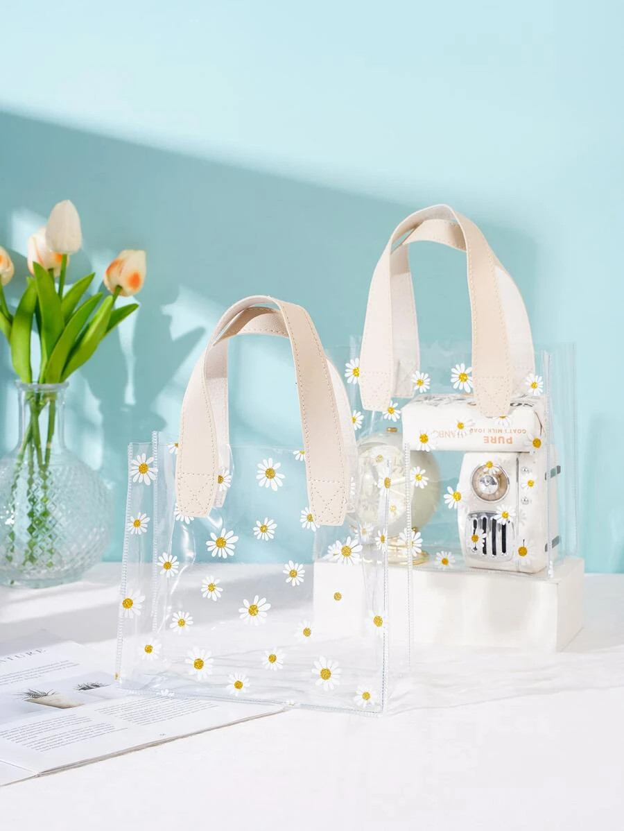 1pc Daisy Print Clear Gift Bag, Transparent PVC Portable Gift Storage Bag For Home Party Holiday ... | SHEIN
