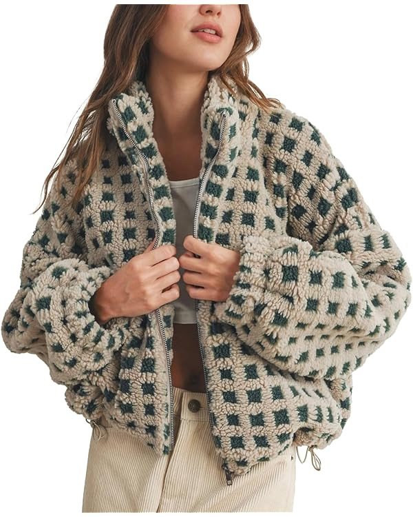 Womens Checkered Sherpa Jacket Cropped Long Sleeve Plaid Fleece Coats Casual Zip Up Gingham Outwe... | Amazon (US)