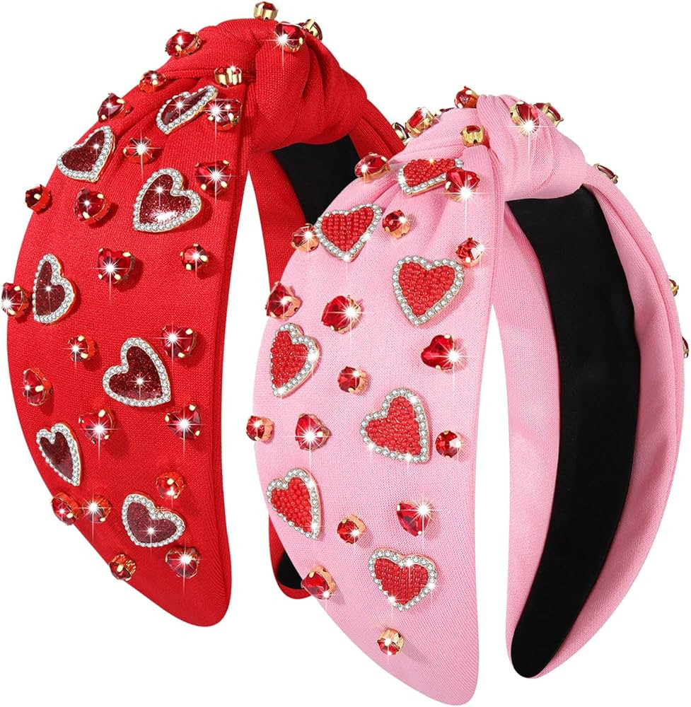 Valentine’s Day Headbands Accessories for Women Pink Red Beaded Heart Headband Jeweled Wide Top... | Amazon (US)