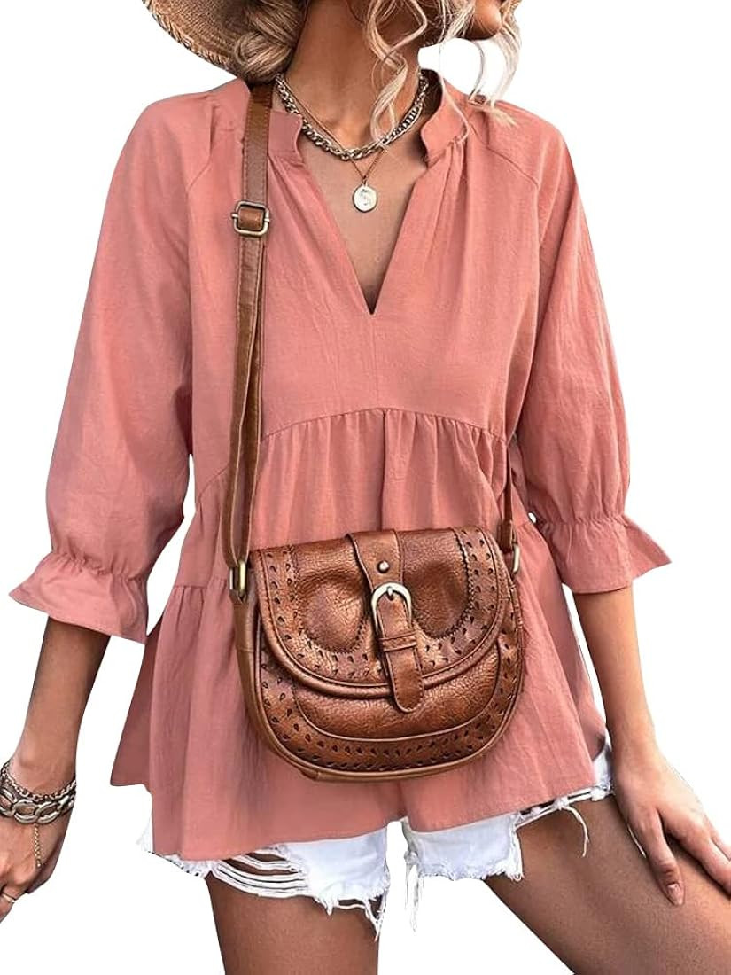 Odsufo Peplum Tops for Women V Neck Babydoll Blouses 3/4 Sleeve Casual Shirts | Amazon (US)