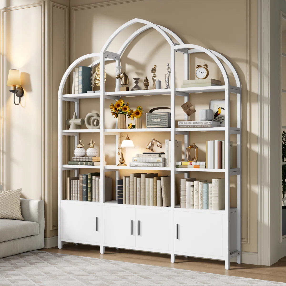 Triple Wide 5 Tier Tall Arched Bookshelf And Bookcase With 3 Cabinets, Industrial Metal Etagere O... | Wayfair North America