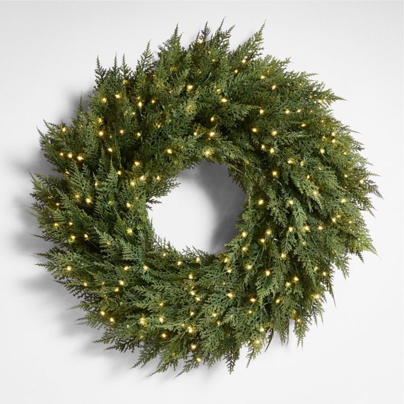 Faux Hemlock Pine Pre-Lit LED Wreath 28" + Reviews | Crate & Barrel | Crate & Barrel