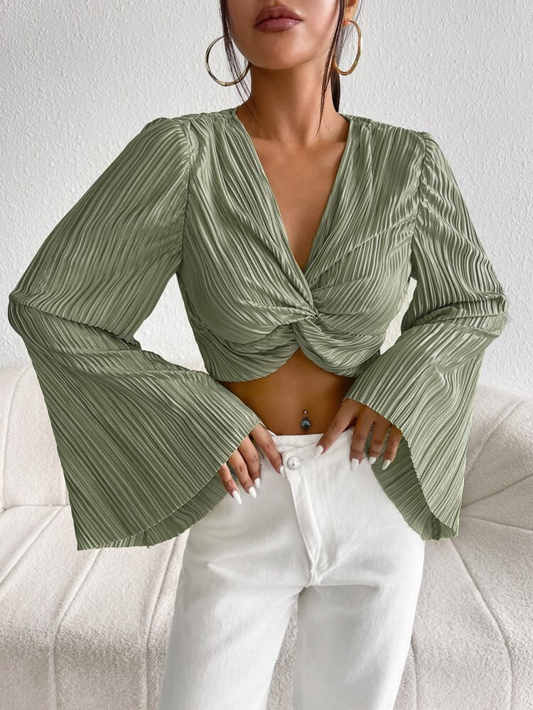 SHEIN Unity Crop Top mit Twist vorne, Volant Ärmeln, Plissee | SHEIN