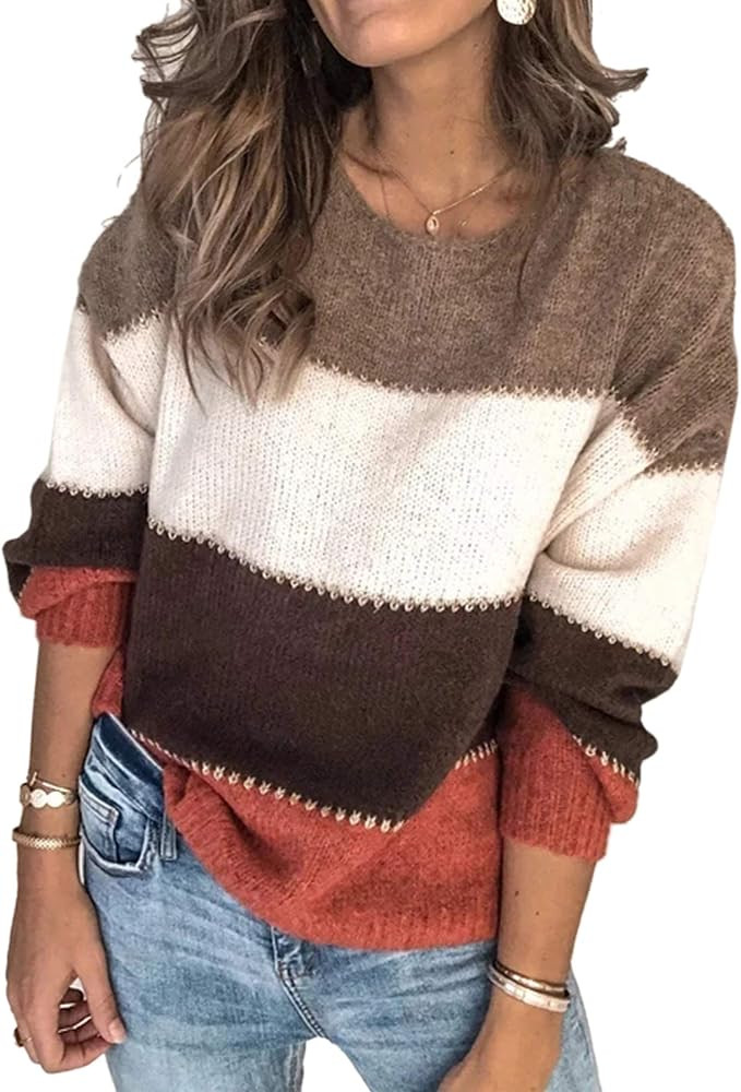 Angashion Women's Sweaters Casual Long Sleeve Crewneck Color Block Patchwork Pullover Knit Sweate... | Amazon (US)