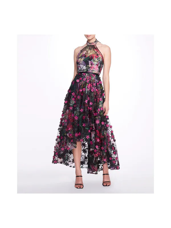Marchesa Notte Tulle Halter Hi-lo Gown - Black - 6 | Verishop