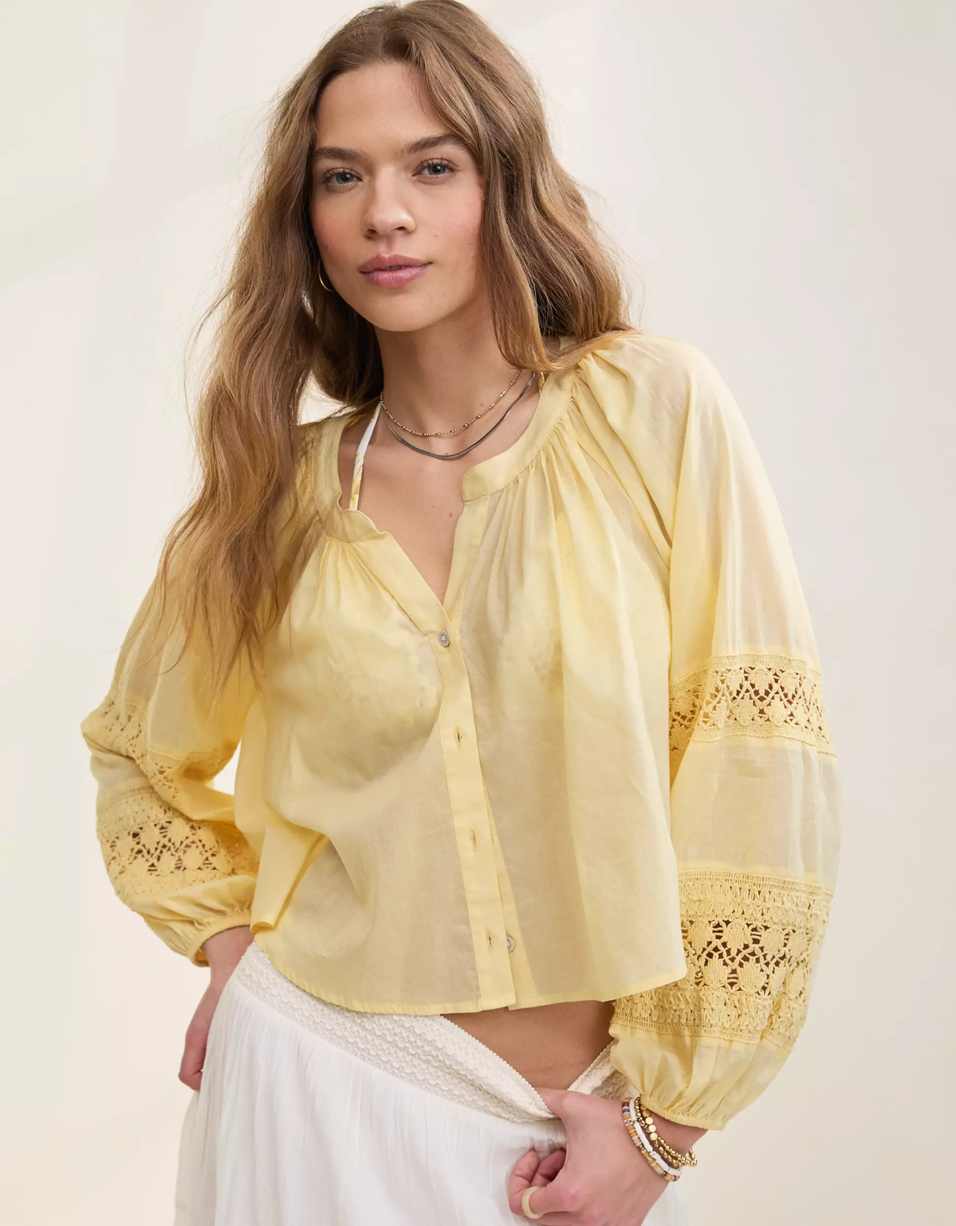 Aerie Long Sleeve Crochet Button Down Shirt | Aerie