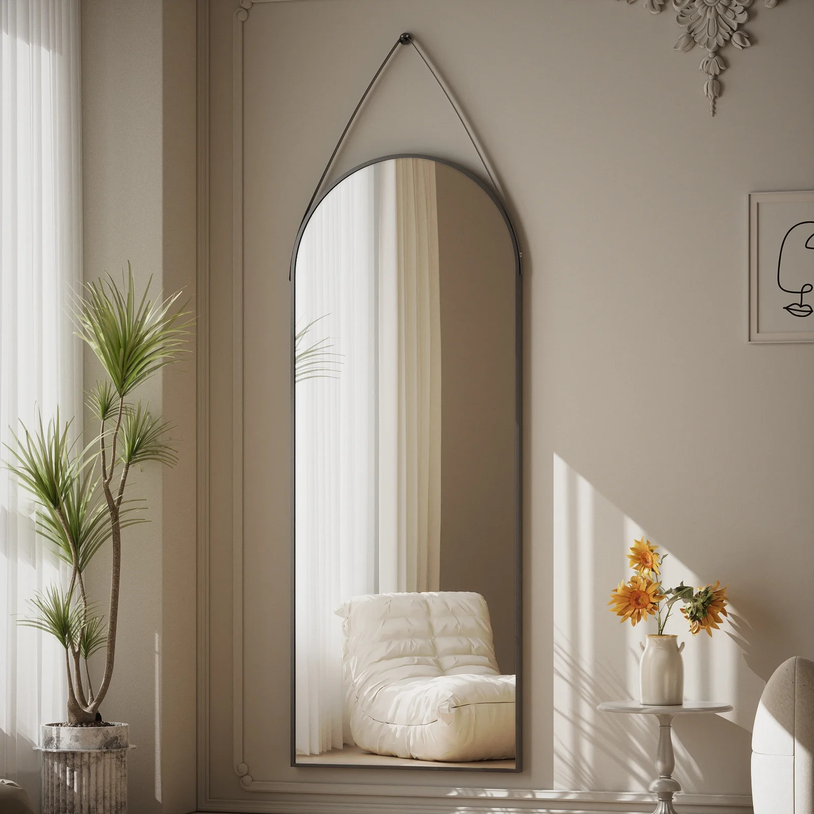 BEAUTYPEAK 48" x 16" Arched Full Length Mirror Hanging Wall Mirrors with Leather Strap, Black | Walmart (US)