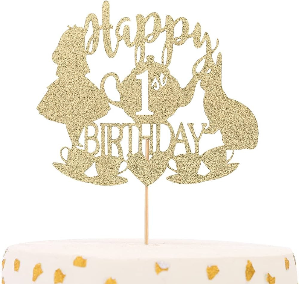 Alice in Wonderland Cake Topper, Golden Glitter 1st Birthday Decoration, Tea Party Supplies for C... | Amazon (US)